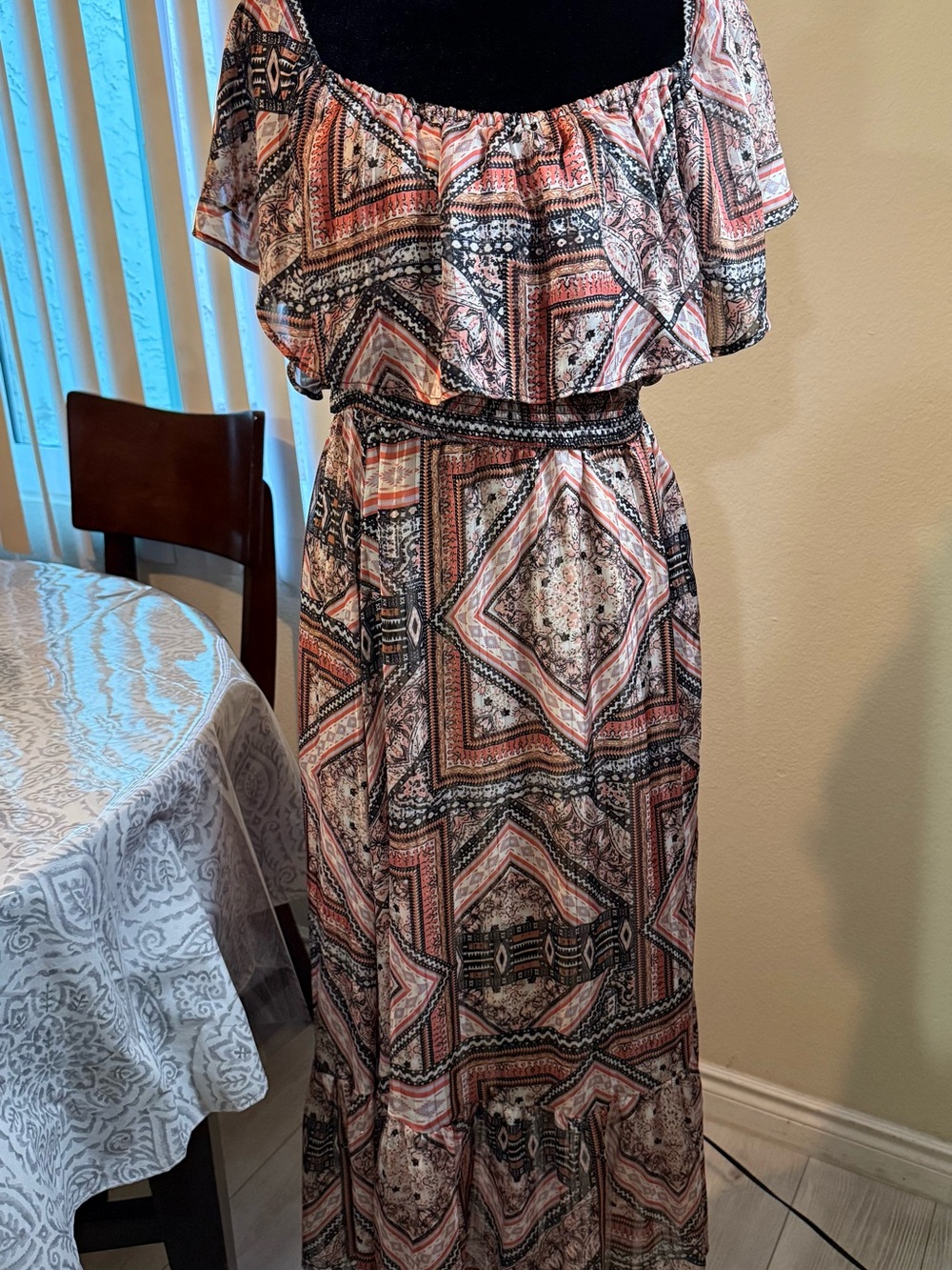 Shyanne Off-Shoulder Maxi Dress in Coral, Black and Cream